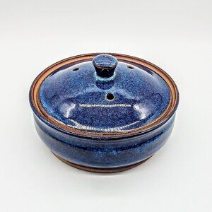 Blue Glazed Covered Ceramic Round Baker